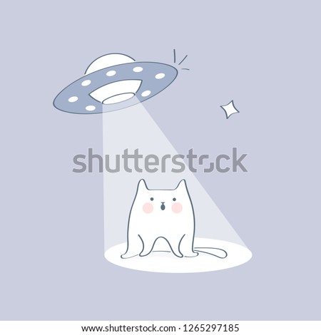 UFO abducting a cat, space ship UFO ray of light in the night sky. 404, page not found icon concept. Cute cartoon isolated vector illustration.