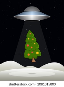 OVNI secuestrando el árbol de Navidad. Ilustración vectorial.