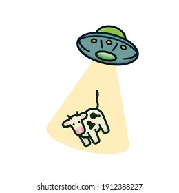 UFO abducting a cow cartoon isolated vector illustration for World UFO Day on June 24th. Flying saucer with cow in transporter beam.