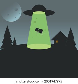 UFO abducting a cow cartoon vector illustration. Flying saucer with cow in transporter beam