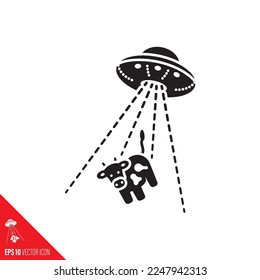 UFO abducting a cow cartoon vector icon. Flying saucer with cow in transporter beam symbol.