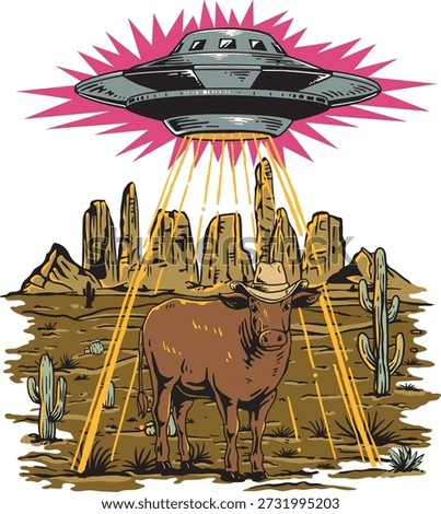 UFO Abducting Cow in Desert Alien Spaceship Sci Fi Illustration