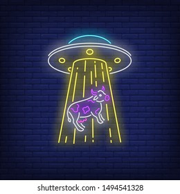 UFO abducting cow neon sign. Invasion, fantasy, extraterrestrial intelligence design. Night bright neon sign, colorful billboard, light banner. Vector illustration in neon style.