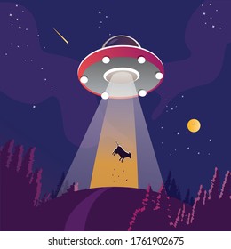 UFO abducting a cow silhouette. Alien space ship, futuristic unknown flying object, summer night forest landscape, vector background with stars and moon in the sky.