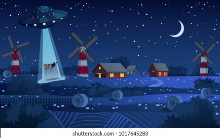 UFO Abducting A Cow, Summer Night Farm Landscape Background, Red Barn And Mill In The Night Field With Haystacks, Vector Background With Stars And Crescent Moon In The Sky.