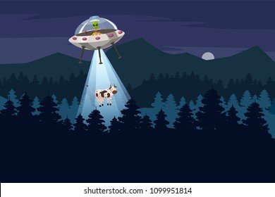 UFO abducting a cow, summer night forest landscape, vector background with stars and moon in the sky. Cartoon style, isolated