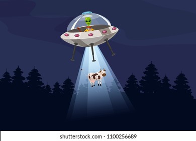 UFO abducting a cow, summer night forest landscape, vector background with stars and moon in the sky.