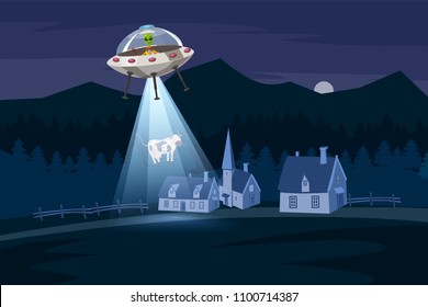 UFO abducting a cow, summer night farm landscape, in the night field with houses, vector background with stars and moon in the sky. Cartoon style, isolated