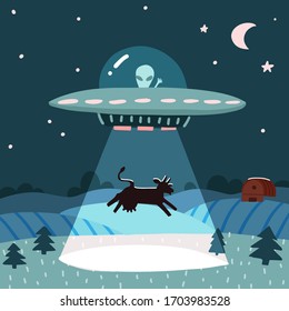 UFO abducting a cow, summer night farm landscape with the night field with house. Flat vector illustration with stars and moon in the sky. Cartoon style