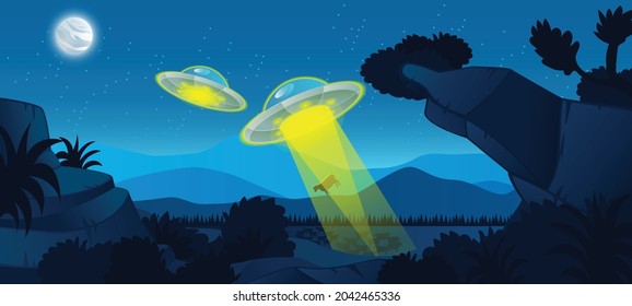 UFO abducting a cow, summer night farm landscape, red barn and mill in the night field with haystacks, vector background with stars and crescent moon in the sky.