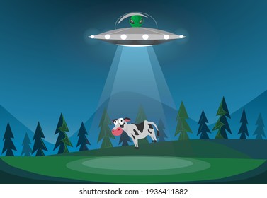 UFO abducting a cow. vector illustration