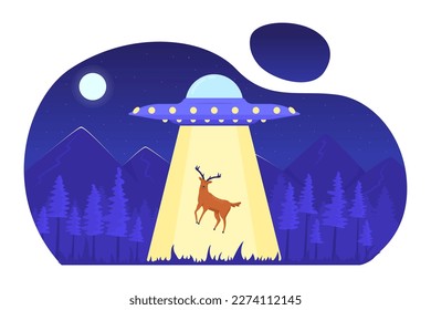 UFO abducting deer in night forest flat concept vector illustration. Flash message with flat 2D scene on cartoon isolated background. Colorful editable image for mobile, website UX design