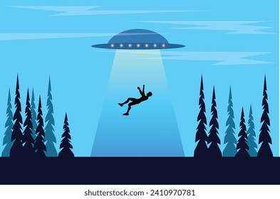 UFO Abducting a Human Flat Style. Space exploration and science topic vector art