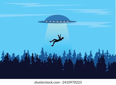 UFO Abducting a Human in the Forest Flat Style. Space exploration and science topic vector art