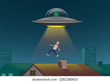 UFO abducting a human. vector illustration