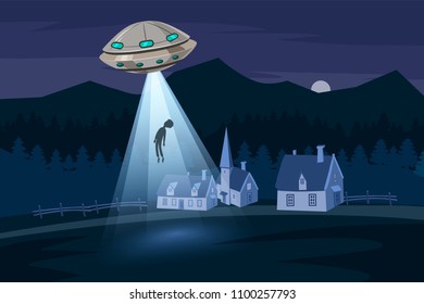 OVNI secuestrando a un hombre, paisaje de granja nocturna de verano, en el campo nocturno con casas, fondo vectorial con estrellas y luna en el cielo.