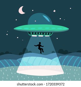 UFO abducting a men, summer night farm landscape, in the night field with houses, vector background with stars and moon in the sky.