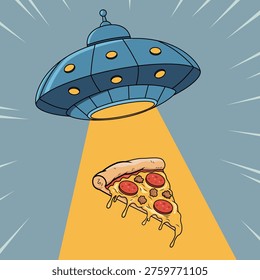 UFO Abducting Pizza Slice Vector Illustration – Funny Alien Food Concept