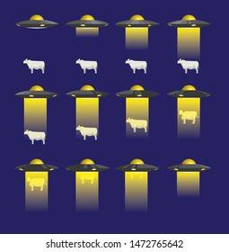 UFO Abduction 3D Cow Animate Cartoon Vector Illustration