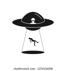 UFO. Abduction. Alien Abducts Human. Spaceship Silhouette. Vector