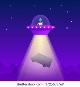 UFO abduction concept with alien in spaceship at night. Green humanoid with big eyes sitting in flying UFO. Light beam from flying UFO and levitating van. Scientific fantastics vector illustration.
