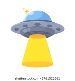 Platillo volador de la abducción del OVNI que se cierne con el haz amarillo, visita extraterrestre