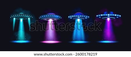 UFO abduction. Green blue alien spaceship with bright cosmic light beam. 3D fantasy saucer, science fiction object in glowing galaxy background. Rocket, sci-fi technology. Vector spaces isolated set