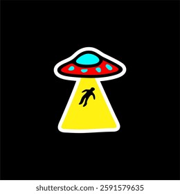 UFO Abduction Minimalist Vector Illustration. A bold and colorful vector illustration of a UFO beaming up a human silhouette, symbolizing alien abduction, mystery, and sci-fi themes