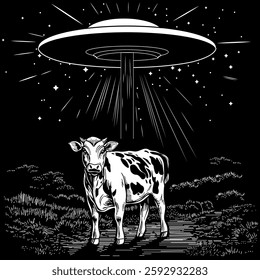 Ufo abduction scene: cow standing under alien spaceship light beam in a starry night sky, vintage black and white illustration with sci-fi and paranormal theme.