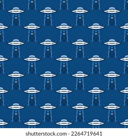 UFO Abduction vector Invasion concept blue seamless pattern 