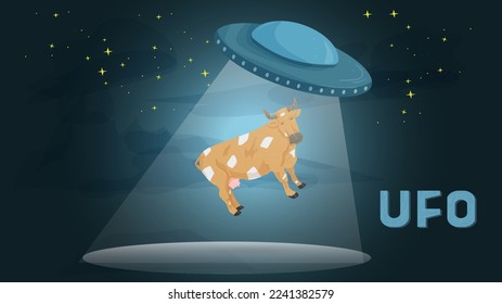 UFO abducts animal cow at night, flat illustration for design