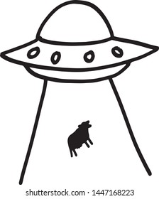 UFO abducts animal. Space ship UFO ray of light in the night sky. Vector illustration in doodle or handrawing style