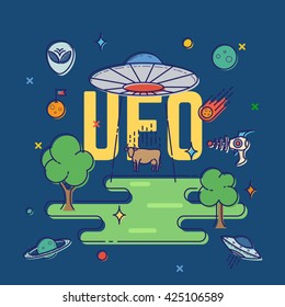 UFO Abducts Cow Abstract Vector Flat Style Illustration With Alien Elements, Planets, Space, etc. On Dark Blue Background.