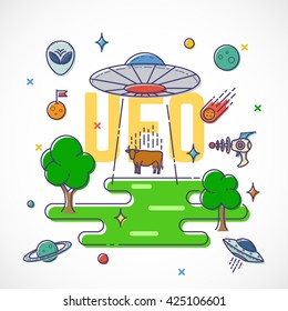 UFO Abducts Cow Abstract Vector Flat Style Illustration With Alien Elements, Planets, Space, etc. Isolated.