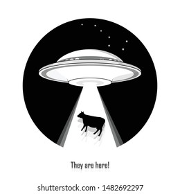 UFO abducts a cow. Aliens concept logo, icon. VECTOR