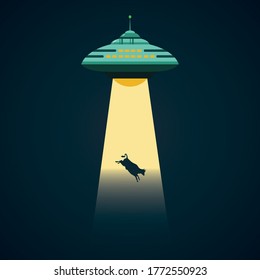 UFO abducts a cow cartoon vector illustration