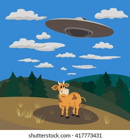 UFO abducts a cow. Flying saucer beam picks up animal from earth planet. Illustration of alien invasion in unidentified spaceship. Idea for design on theme of ufo landing. Vector illustration