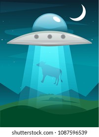 UFO abducts cow. Illustration of alien invasion in field spaceship with light. Vector illustration