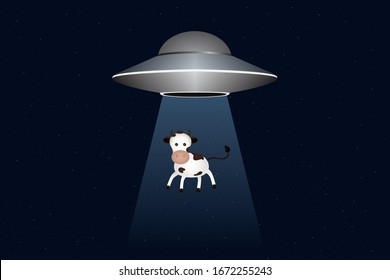 UFO abducts cow at night. Vector illustration.