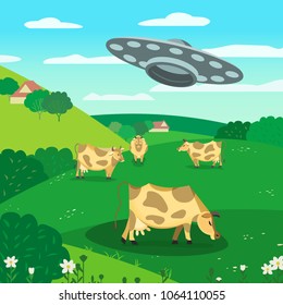 UFO abducts cow. Space aliens kidnapping cattle. Flying saucer picks up domestic animal from farm. Unidentified spaceship flight. Colorful comic cartoon. Cosmic spacecraft landing. Vector illustration