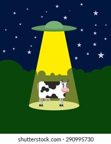 UFO abducts a cow. Space aliens and cattle. Flying saucer beam picks up animal from farm. Vector illustration
