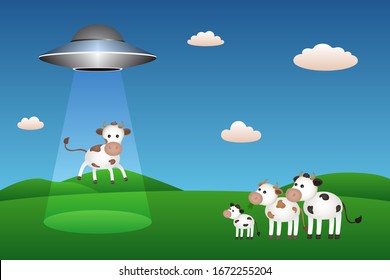 UFO abducts cow. Vector illustration.