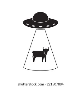 UFO abducts a cow. Vector logo isolated on white background.