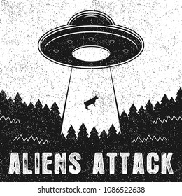 UFO abducts cow. Vintage illustration of Aliens Attack with spaceship and UFO light ray to Earth. Vector.