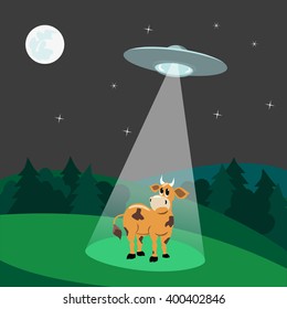 UFO abducts cow.Flying saucer beam picks up animal from earth planet. Illustration of alien invasion in unidentified spaceship with light. Idea for design on theme of ufo landing. Vector illustration