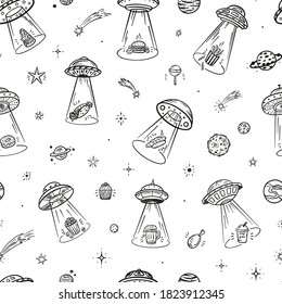 UFO Abducts Fast Food - Space Vector Seamless Pattern. Unhealthy Street Food Taken Away by ufo. Flying Saucer Kidnaps Appetizer Repeat Background.