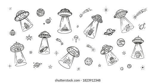 UFO Abducts Fast Food - Space Vector Set. Unhealthy Street Food Taken Away by ufo. Flying Saucer Kidnaps Appetizer.