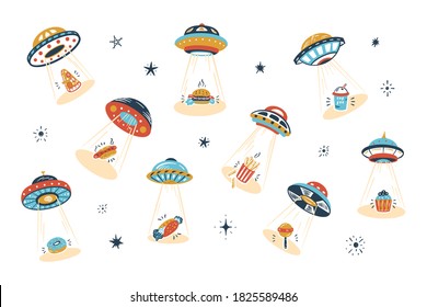 UFO Abducts Fast Food - Space Vector Set. Unhealthy Street Food Taken Away by ufo. Flying Saucer Kidnaps Appetizer.