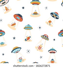 UFO Abducts Fast Food. Space Vector Seamless Pattern. Unhealthy Street Food Taken Away by ufo. Flying Saucer Kidnaps Appetizer Repeat Background