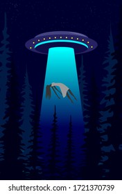 UFO abducts a girl. Alien spaceship in the night starry sky. Vector illustration. Suitable for posters, web.